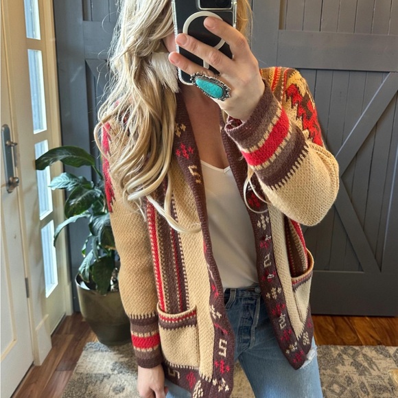 New Western Cowichan Print Shaw Cardigan Sweater, Thick Warm Chunky Knit Vintage - Picture 2 of 9
